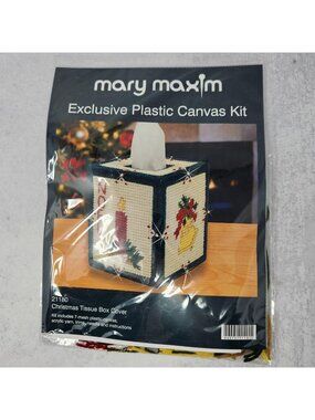 Vintage Mary Maxim Christmas Plastic Canvas Tissue Box Kit, Noel, Candles, plast
